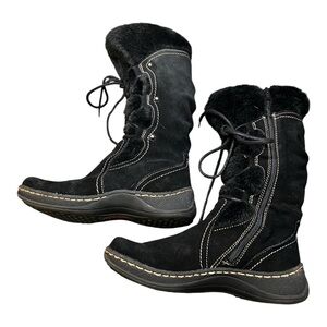 Baretraps Elicia Black Leather Mid-Calf Wedge Boots — Women’s 7M